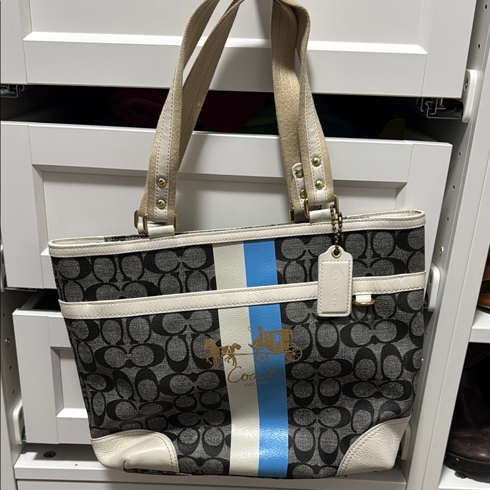 Vintage Coach Signature Stripe Tote Bag - Black and Blue